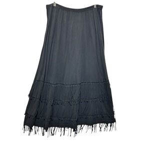 Soft Surroundings Women Maxi Skirt PL Black Tiered‎ Fringe Boho Festival Artwear